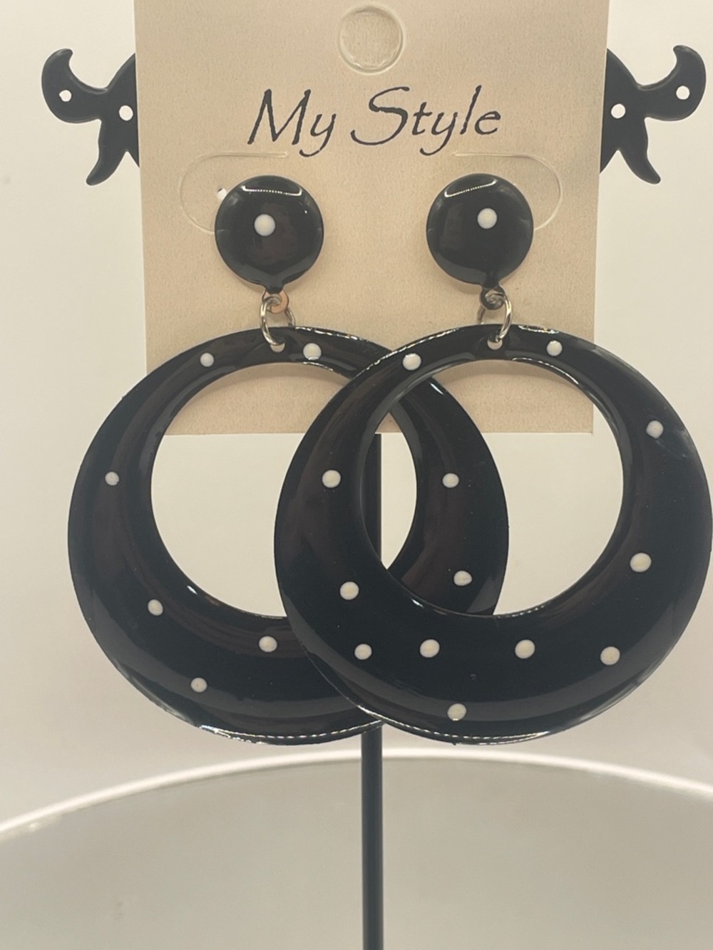 My Style Black Polka Dot Hoop Earrings post style metal 2.25”